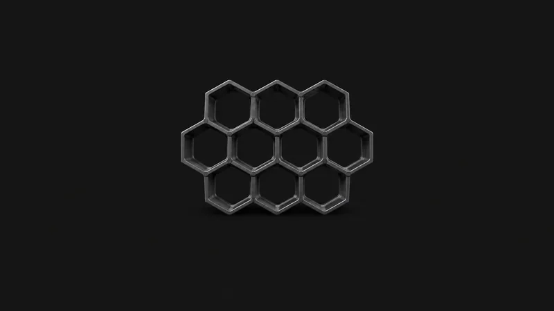 Abstract a honeycomb of moulded plastic ribs seen edge-on motif centred on a seamless deep charcoal near-black studio background, generous empty margin for overlaid branding