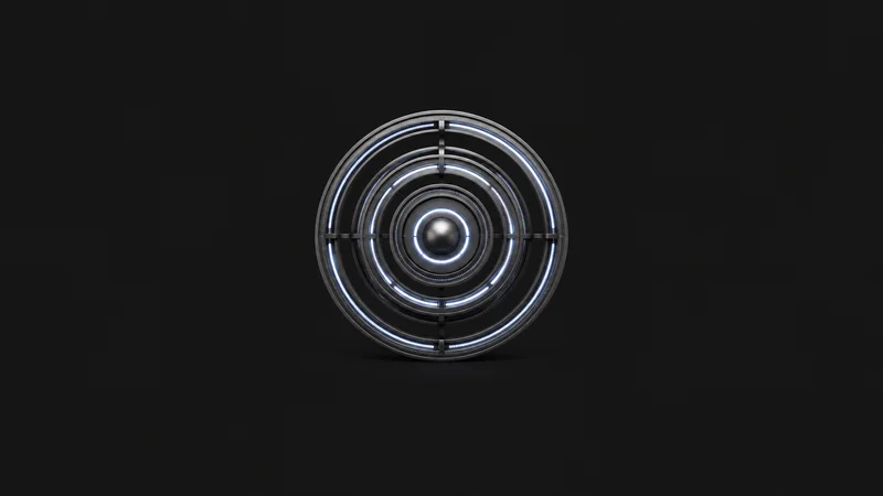 Abstract concentric rings of pulsing light spreading from a central node motif centred on a seamless deep charcoal near-black studio background, generous empty margin for overlaid branding