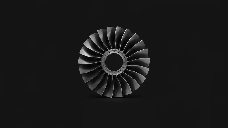 Abstract a fanned ring of engine fan-blade silhouettes motif centred on a seamless deep charcoal near-black studio background, generous empty margin for overlaid branding