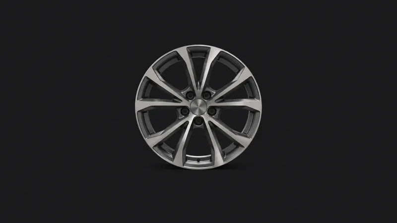 Abstract a spoke pattern of alloy wheel arcs in brushed aluminium motif centred on a seamless deep charcoal near-black studio background, generous empty margin for overlaid branding