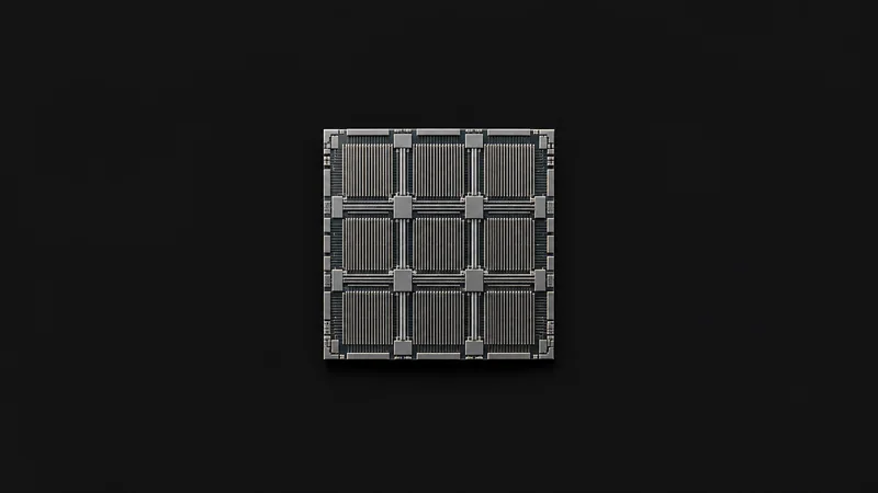 Abstract a lattice of nanometre transistor gates rendered as fine parallel lines motif centred on a seamless deep charcoal near-black studio background, generous empty margin for overlaid branding