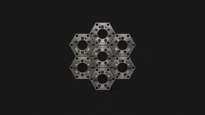 Abstract a tessellation of hexagonal robot-flange bolt patterns motif centred on a seamless deep charcoal near-black studio background, generous empty margin for overlaid branding