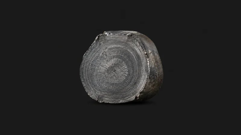 Abstract concentric solidification rings on a cut ingot face motif centred on a seamless deep charcoal near-black studio background, generous empty margin for overlaid branding
