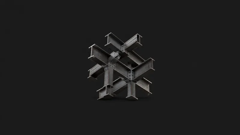 Abstract a diagonal grid of heavy steel I-beams motif centred on a seamless deep charcoal near-black studio background, generous empty margin for overlaid branding