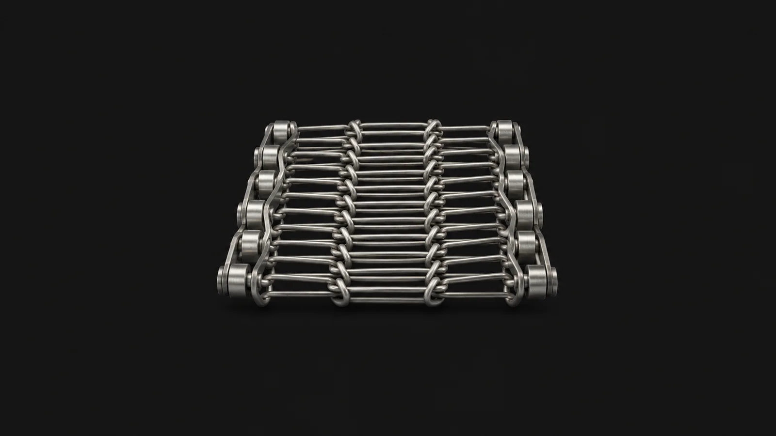 Abstract a woven mesh of stainless conveyor links catching the light motif centred on a seamless deep charcoal near-black studio background, generous empty margin for overlaid branding