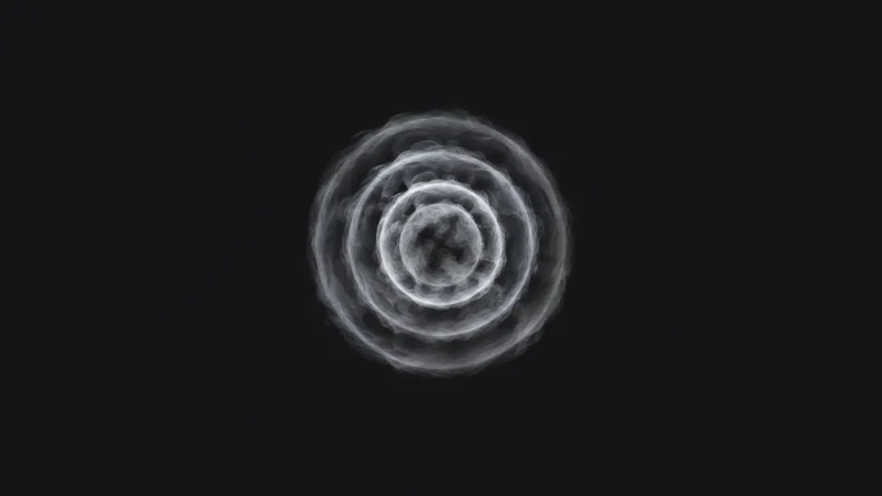 Abstract concentric rings of laminar airflow rendered as pale mist motif centred on a seamless deep charcoal near-black studio background, generous empty margin for overlaid branding