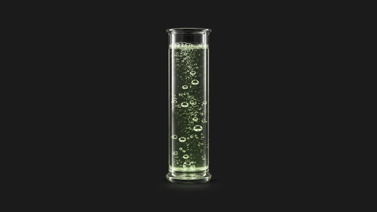 Abstract rising bubbles suspended in a column of pale green liquid motif centred on a seamless deep charcoal near-black studio background, generous empty margin for overlaid branding