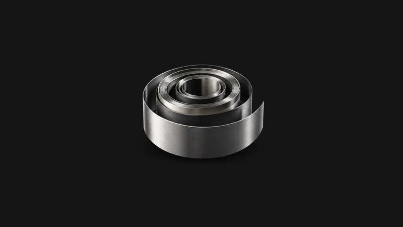 Abstract layered concentric spirals of dark and bright metal motif centred on a seamless deep charcoal near-black studio background, generous empty margin for overlaid branding