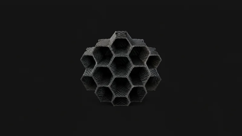 Abstract a geometric honeycomb receding into darkness motif centred on a seamless deep charcoal near-black studio background, generous empty margin for overlaid branding