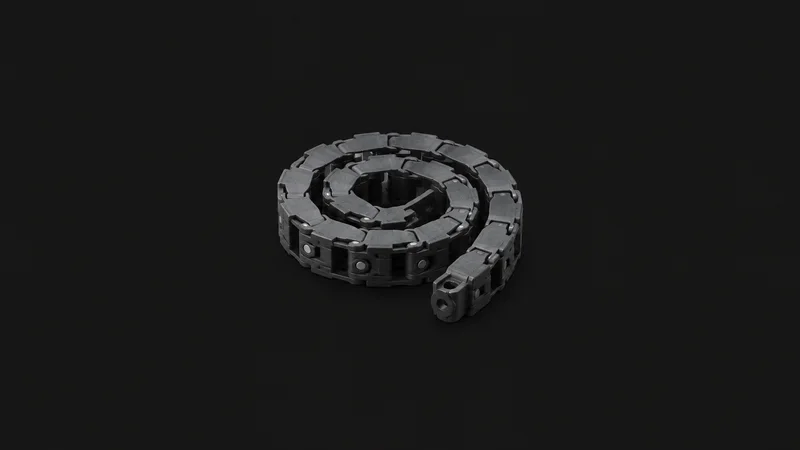 Abstract a chain of linked plastic segments coiling through darkness motif centred on a seamless deep charcoal near-black studio background, generous empty margin for overlaid branding