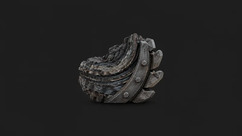 Abstract stratified rock layers curving through the frame motif centred on a seamless deep charcoal near-black studio background, generous empty margin for overlaid branding