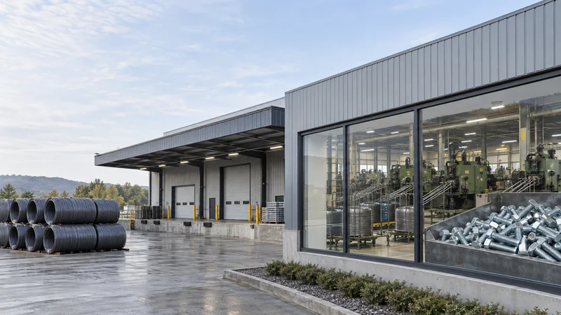 Street view of a a precision fastener manufacturing plant entrance with steel wire-rod coils stacked by the loading dock, its window displaying a bin of zinc-plated high-tensile hex bolts with a glimpse of the cold-heading production floor with wire-rod feed lines forming bolt heads inside, soft daylight, signage space above for overlaid text