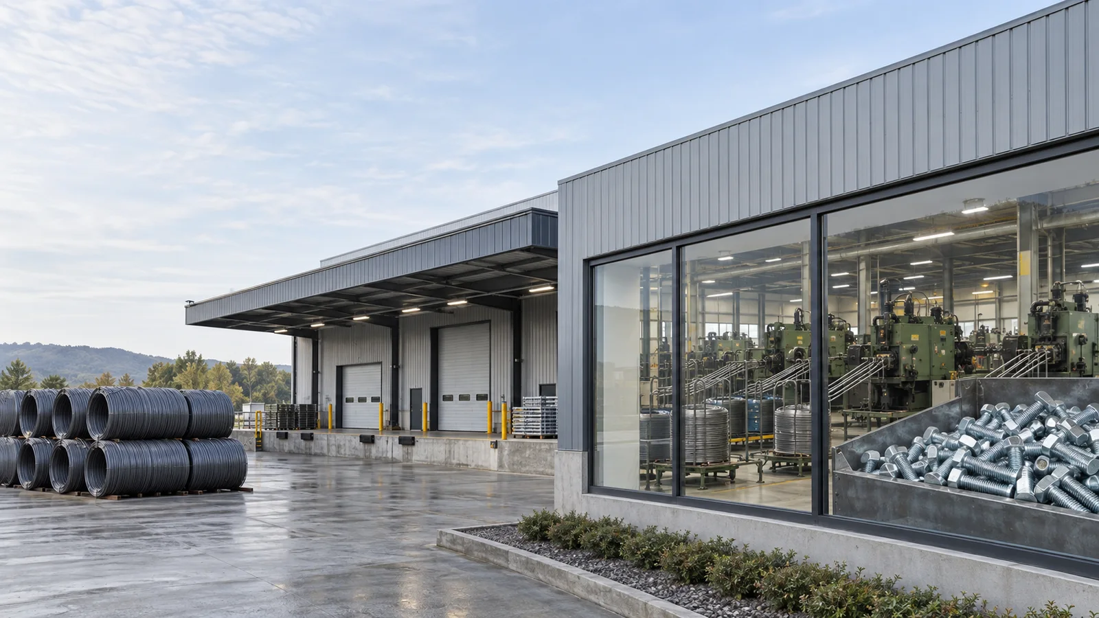 Street view of a a precision fastener manufacturing plant entrance with steel wire-rod coils stacked by the loading dock, its window displaying a bin of zinc-plated high-tensile hex bolts with a glimpse of the cold-heading production floor with wire-rod feed lines forming bolt heads inside, soft daylight, signage space above for overlaid text