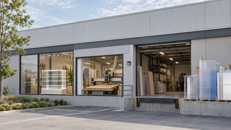 Street view of a a retail fixture fabrication workshop entrance with acrylic sheet stock stacked by the loading dock, its window displaying a finished illuminated acrylic display case with a glimpse of the millwork shop cutting slatwall panels on a CNC router inside, soft daylight, signage space above for overlaid text