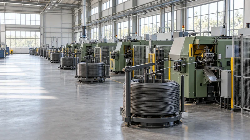 Wide interior view of a cold-heading production floor with wire-rod feed lines forming bolt heads with no people, bright daylight through the windows, clean uncluttered foreground for text