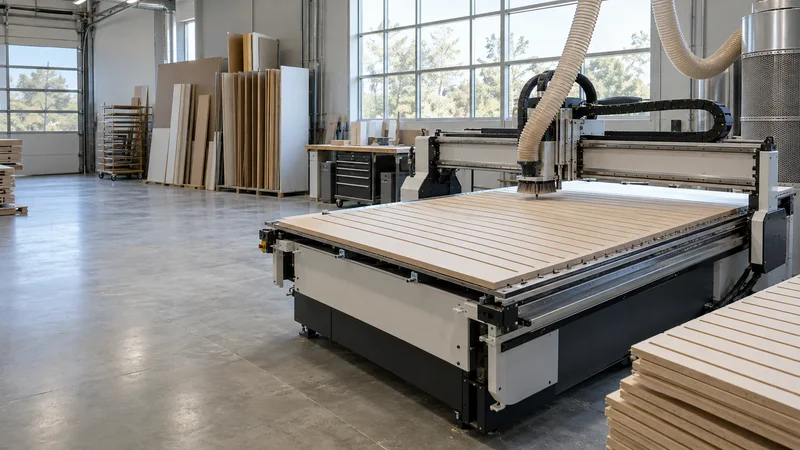 Wide interior view of a millwork shop cutting slatwall panels on a CNC router with no people, bright daylight through the windows, clean uncluttered foreground for text