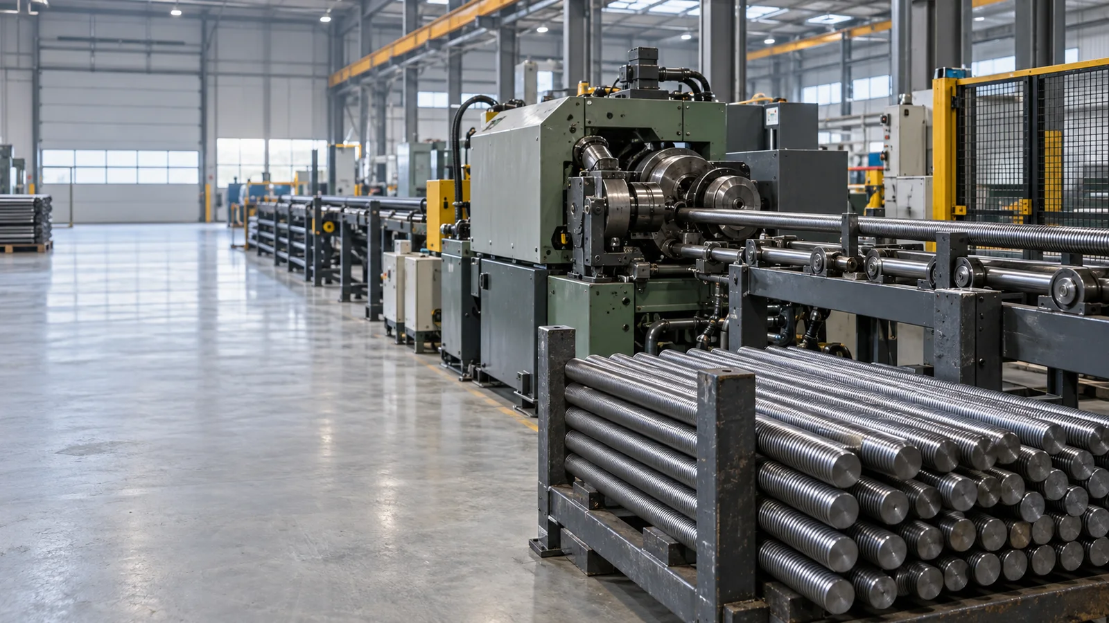 Wide interior view of a thread-rolling line producing high-tensile studs and rods with no people, soft even indoor light, clean uncluttered foreground for text