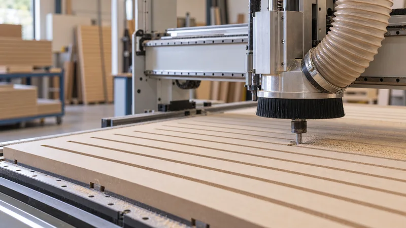 Close, clean detail of the a CNC router cutting a slatwall panel, warm interior light, no people in frame