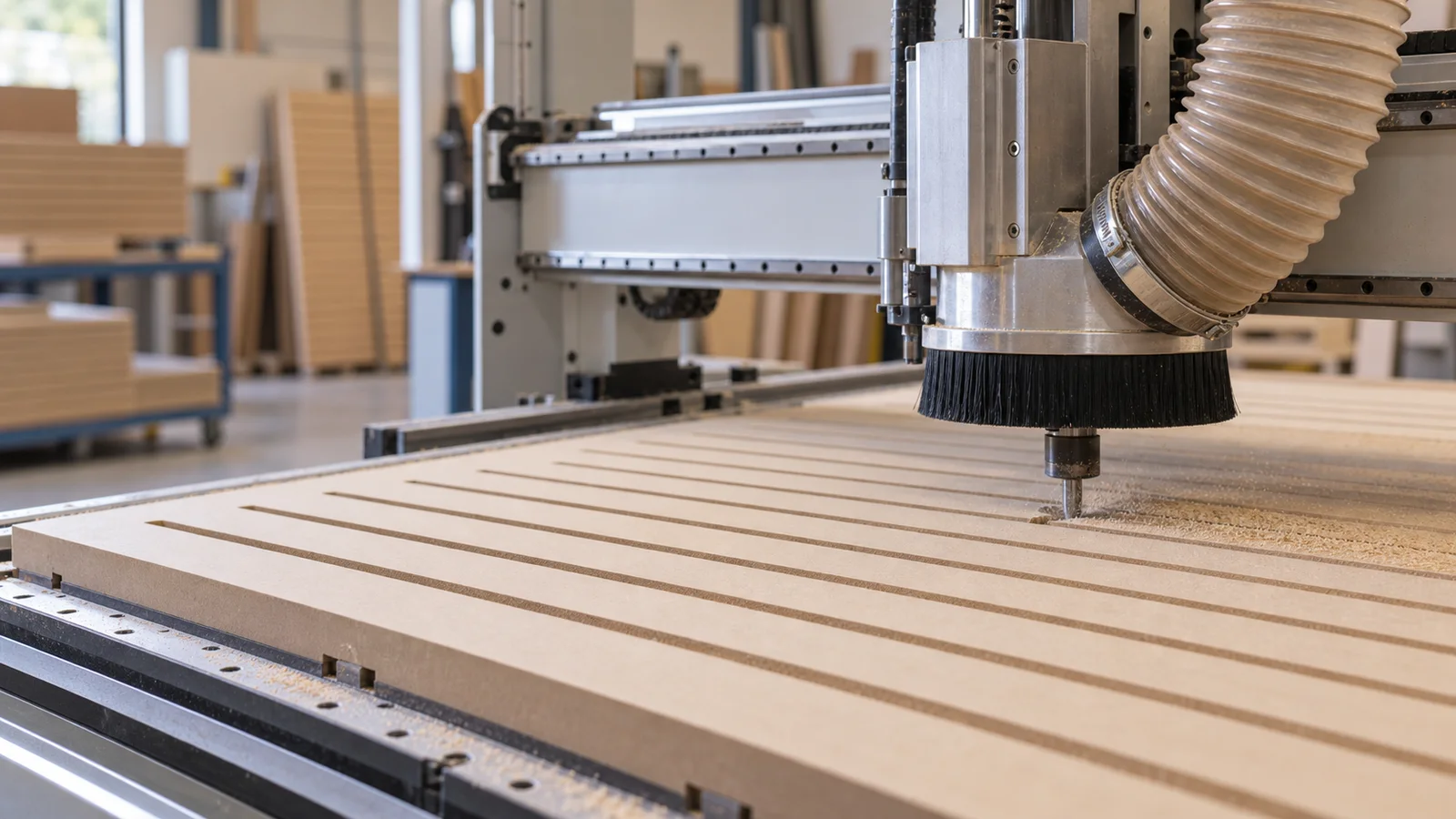 Close, clean detail of the a CNC router cutting a slatwall panel, warm interior light, no people in frame