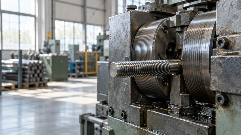 Close, clean detail of the a thread-rolling die set producing a high-tensile stud, bright daylight through the windows, no people in frame