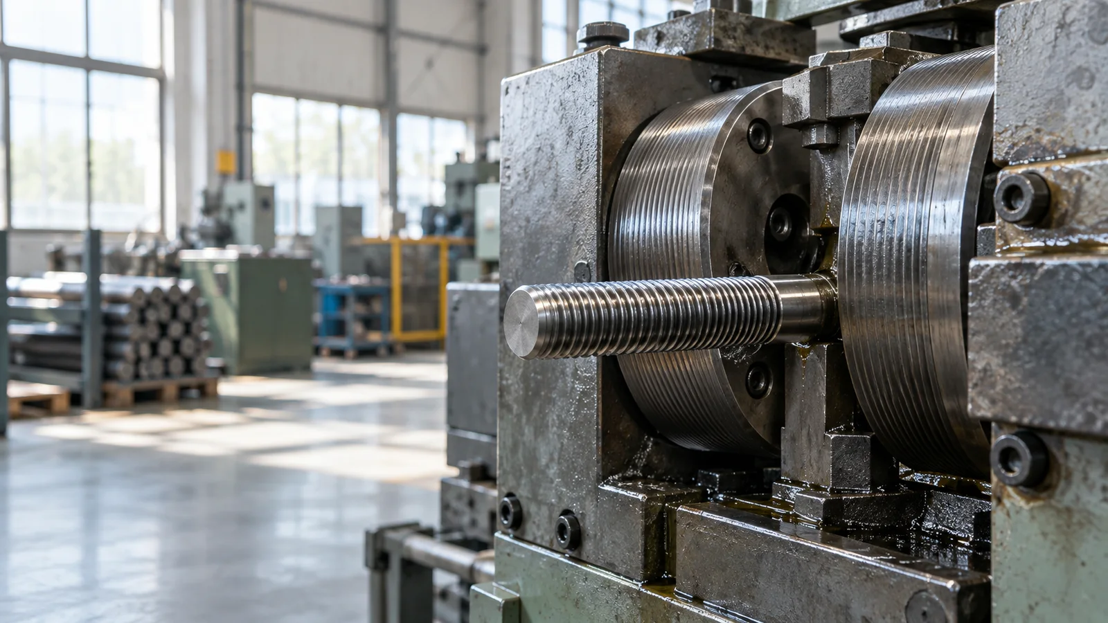 Close, clean detail of the a thread-rolling die set producing a high-tensile stud, bright daylight through the windows, no people in frame