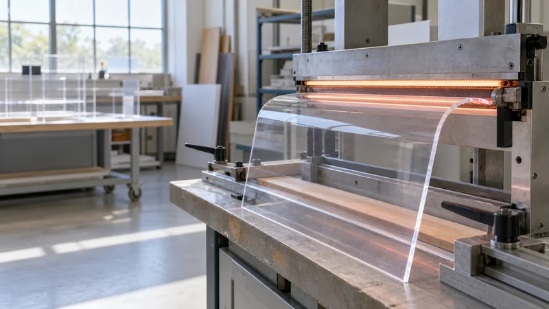 Close, clean detail of the an acrylic heat-forming jig bending a display case, bright daylight through the windows, no people in frame