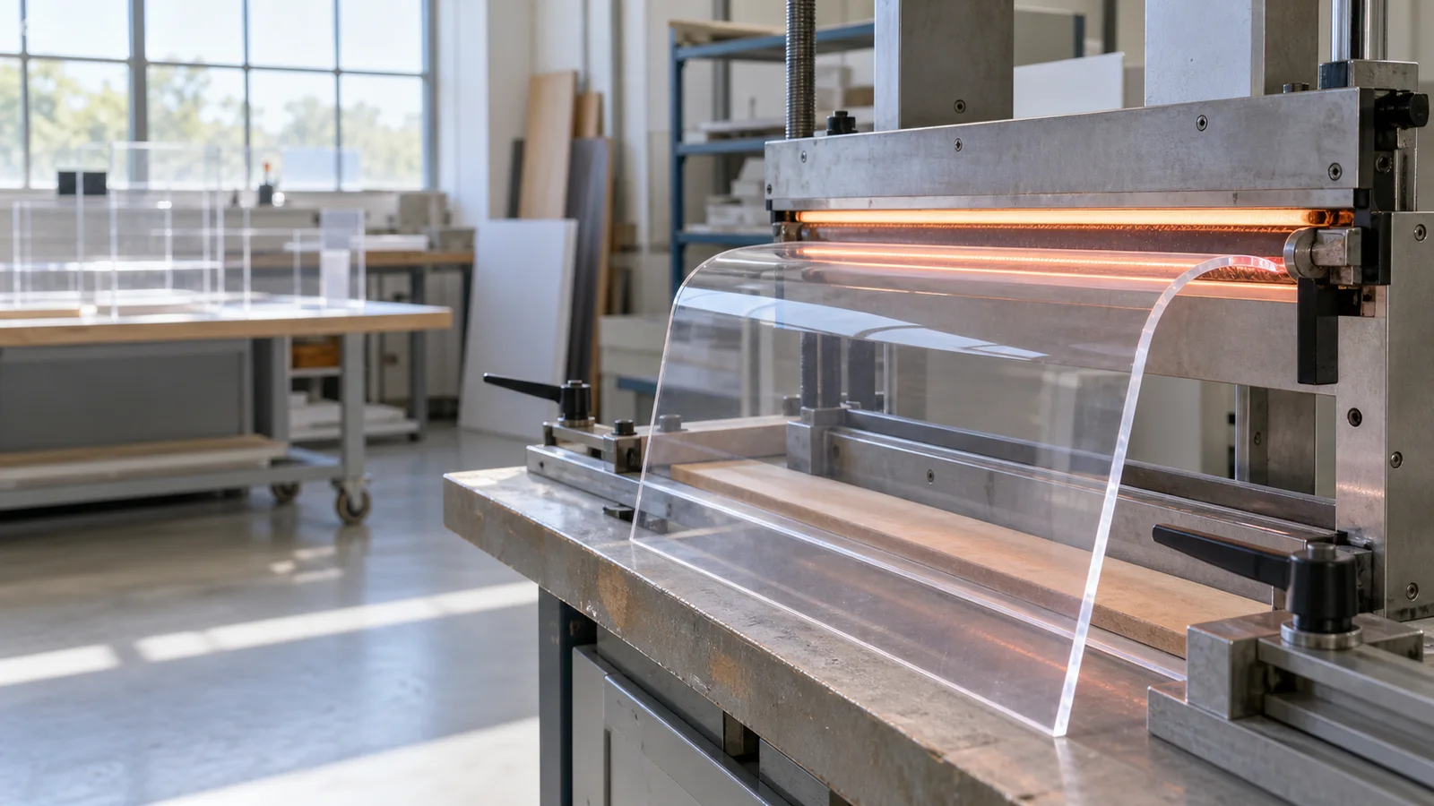 Close, clean detail of the an acrylic heat-forming jig bending a display case, bright daylight through the windows, no people in frame