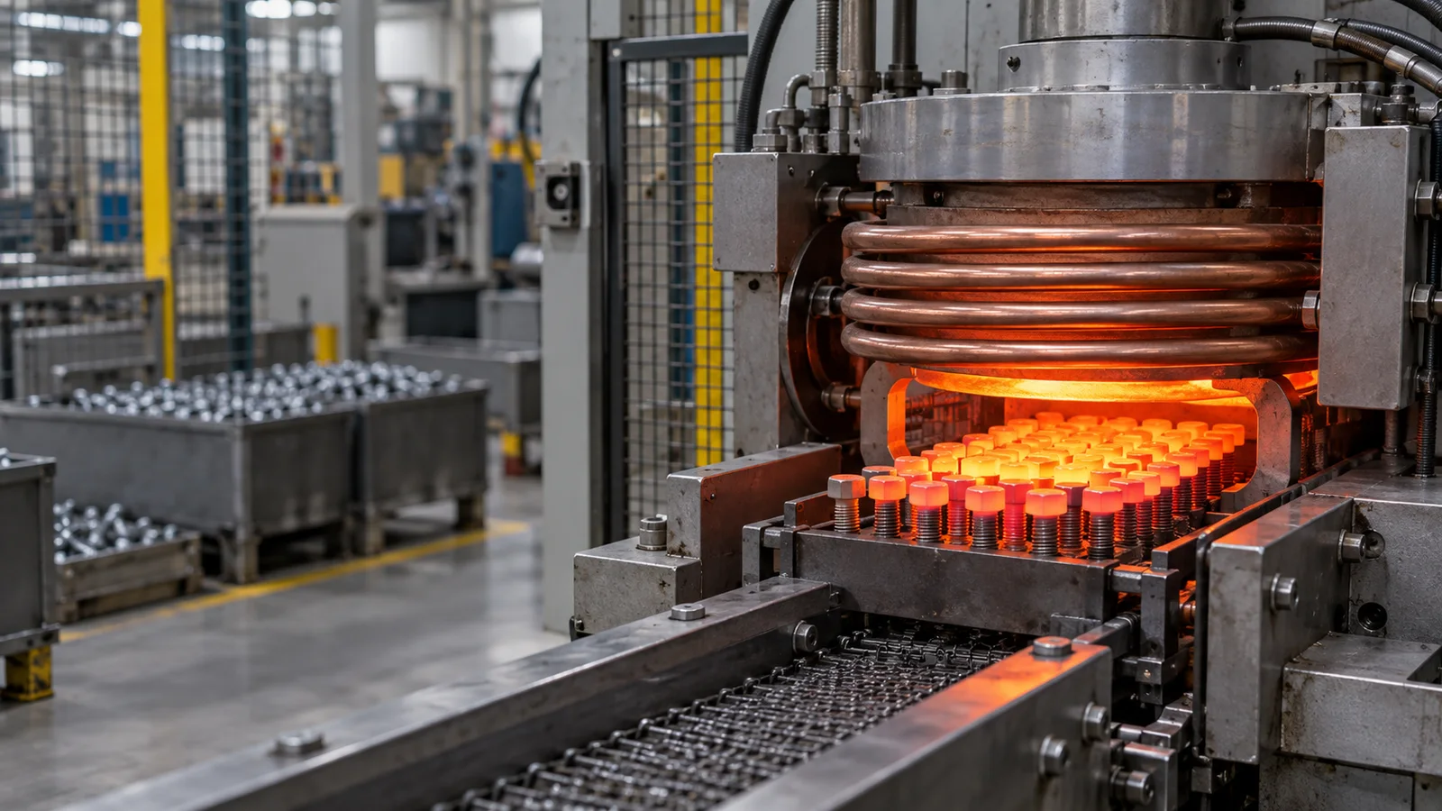 Close, clean detail of the an induction hardening furnace with a glowing fastener batch, soft even indoor light, no people in frame