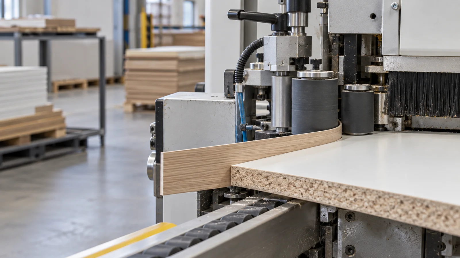 Close, clean detail of the an edge-banding machine finishing a shelf panel, soft even indoor light, no people in frame