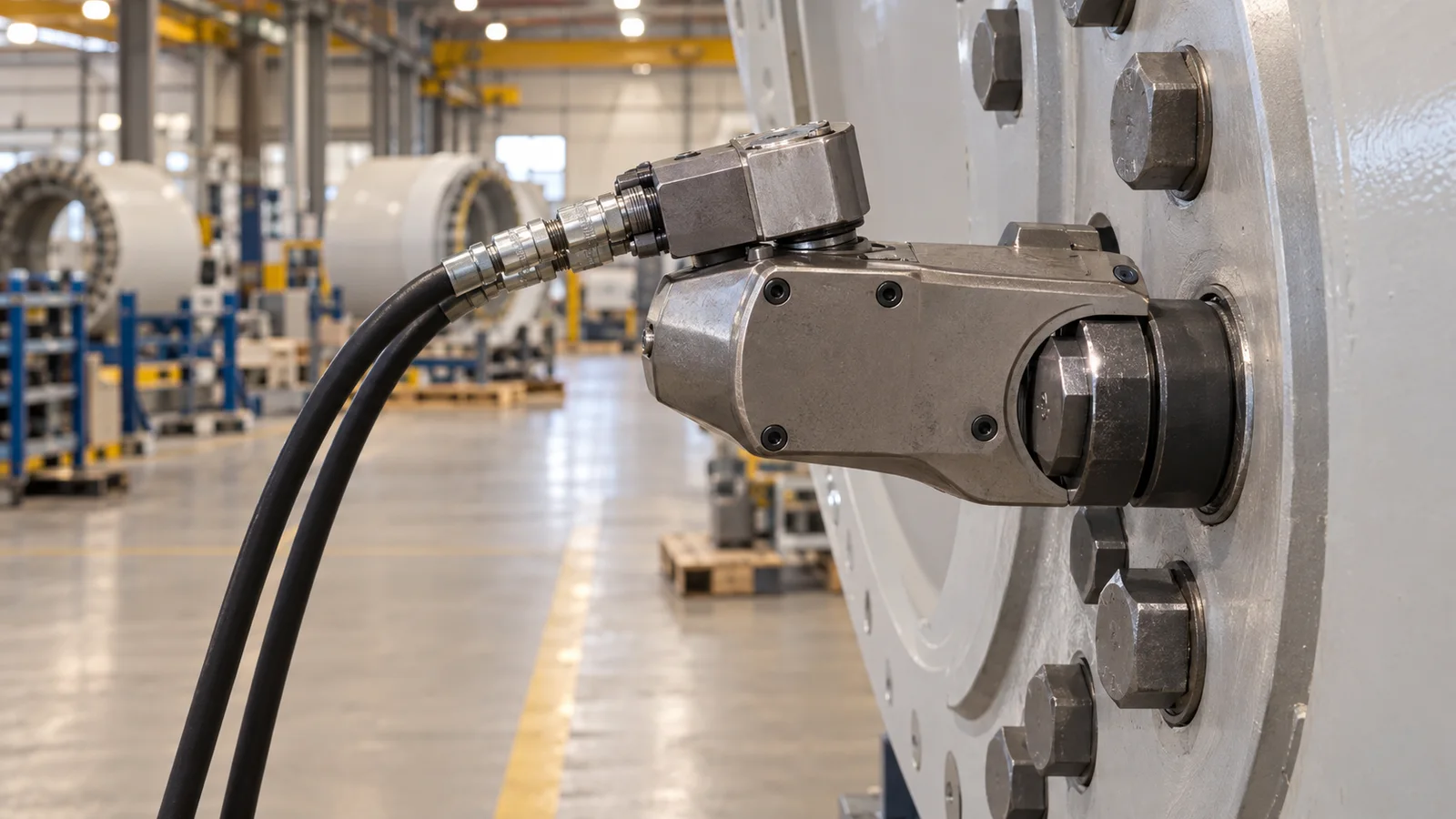 Close, clean detail of the a hydraulic torque wrench on a wind-turbine flange bolt, warm interior light, no people in frame