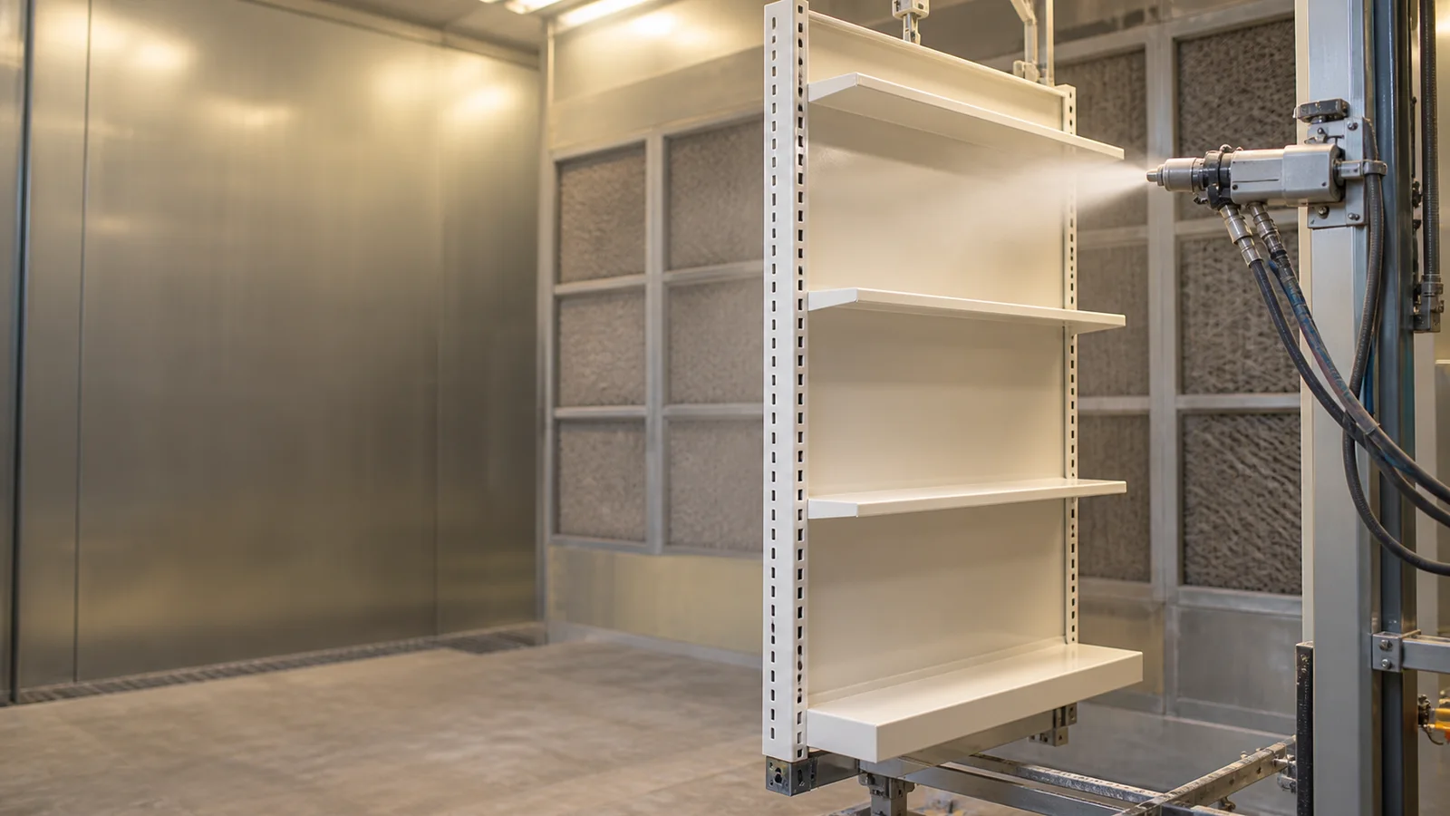 Close, clean detail of the a spray-finishing booth coating a shelving unit, warm interior light, no people in frame