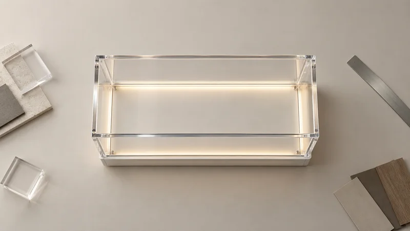 Styled flat-lay of a finished illuminated acrylic display case on a clean background, clean even studio light, generous negative space for overlaid text