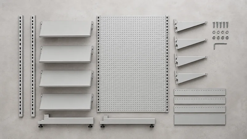 Styled flat-lay of a modular gondola shelving unit on a clean background, soft studio light, generous negative space for overlaid text