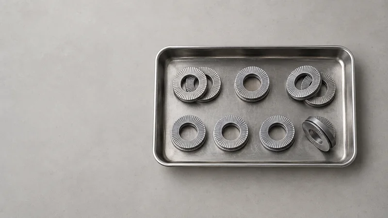 Styled flat-lay of a tray of wedge-lock washer pairs on a clean background, clean even studio light, generous negative space for overlaid text