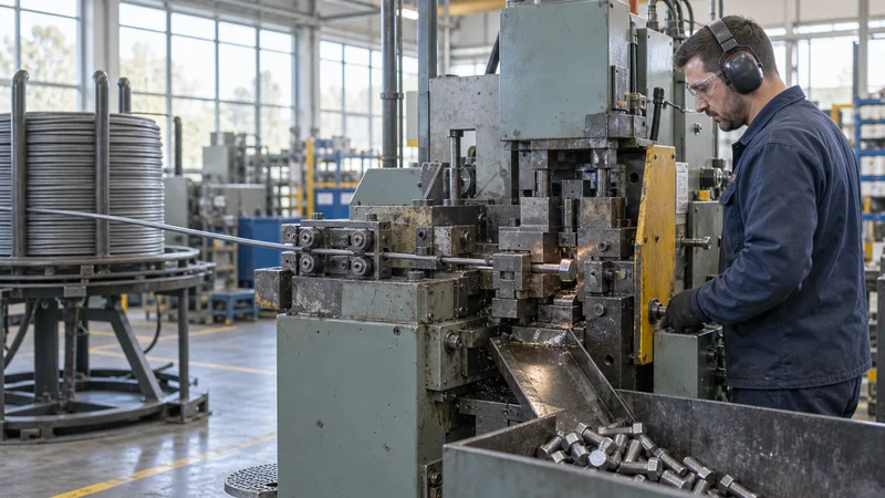 A fastener production operator cold-forging a bolt head from a length of wire rod, bright daylight through the windows