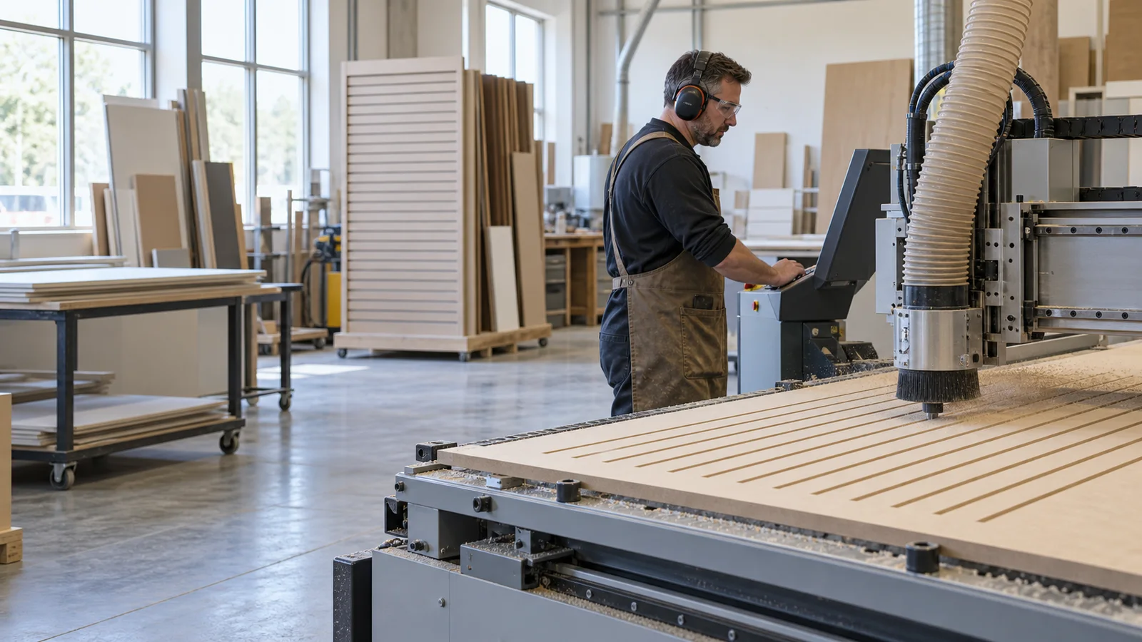 A millwork fabricator at a CNC router cutting a slatwall panel on a CNC router, bright daylight through the windows