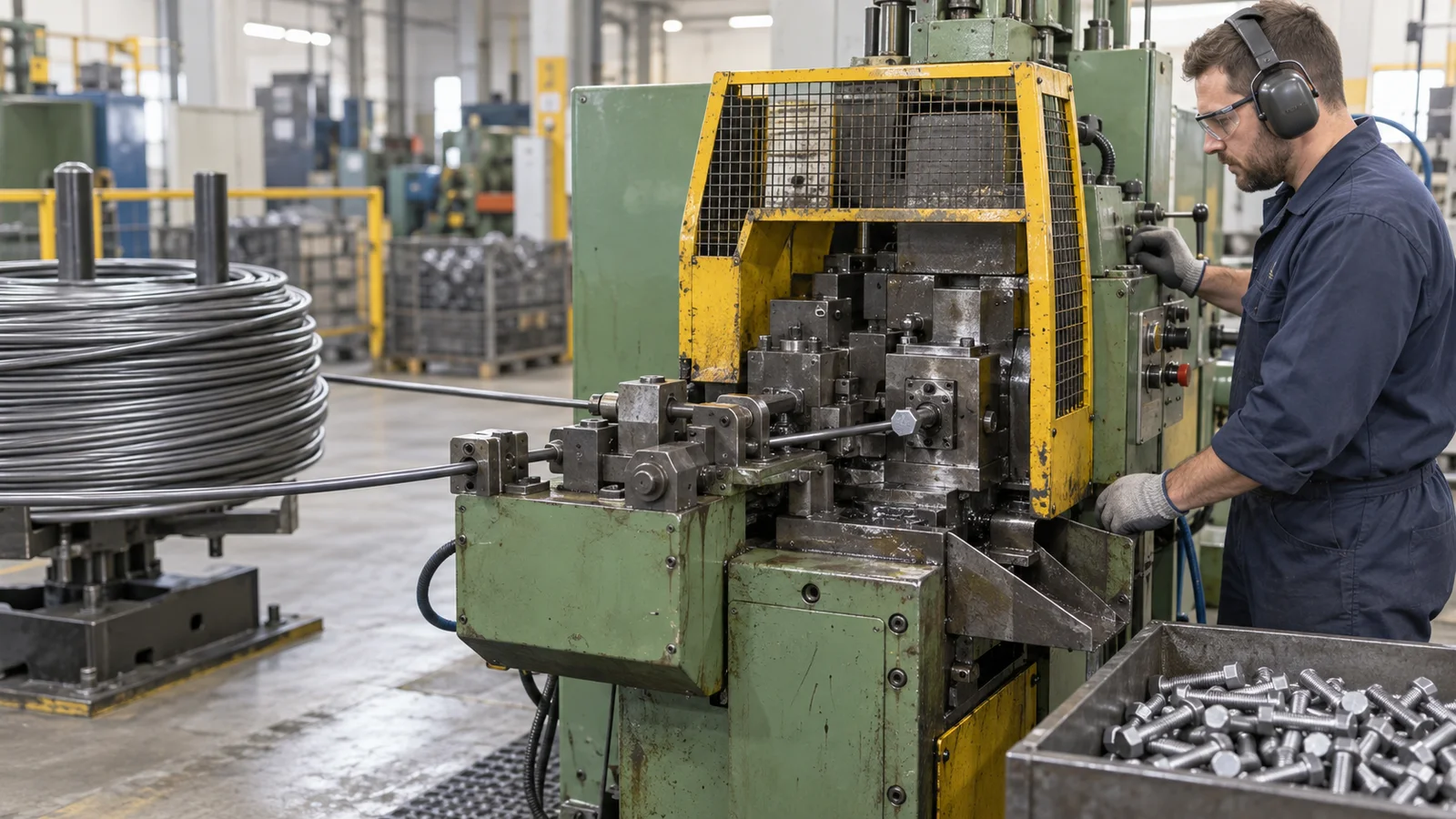 A fastener production operator cold-forging a bolt head from a length of wire rod, soft even indoor light