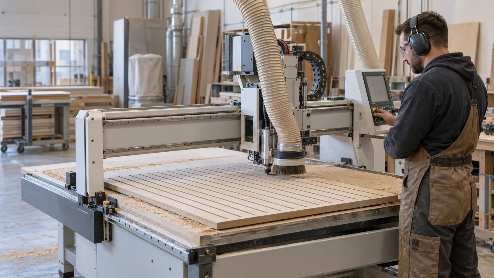 A millwork fabricator at a CNC router cutting a slatwall panel on a CNC router, soft even indoor light