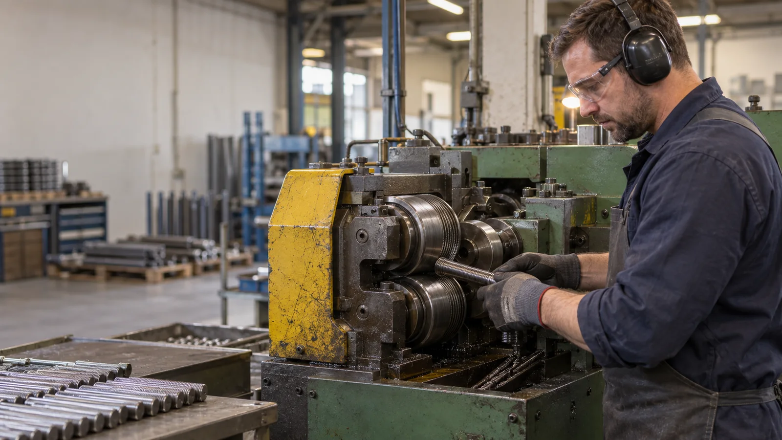 A fastener production operator rolling threads onto a high-tensile stud, warm interior light