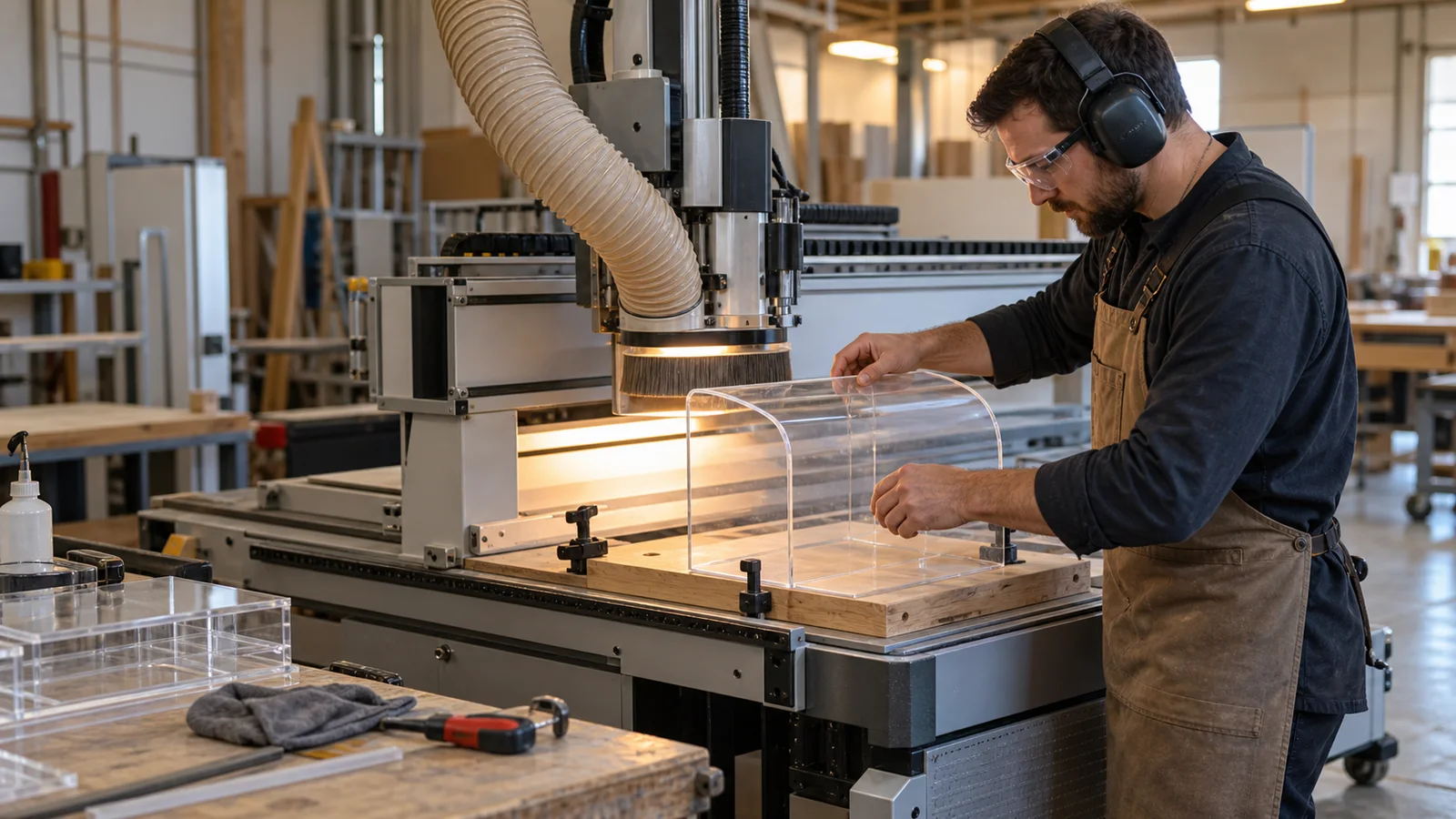 A millwork fabricator at a CNC router heat-forming an acrylic display case, warm interior light