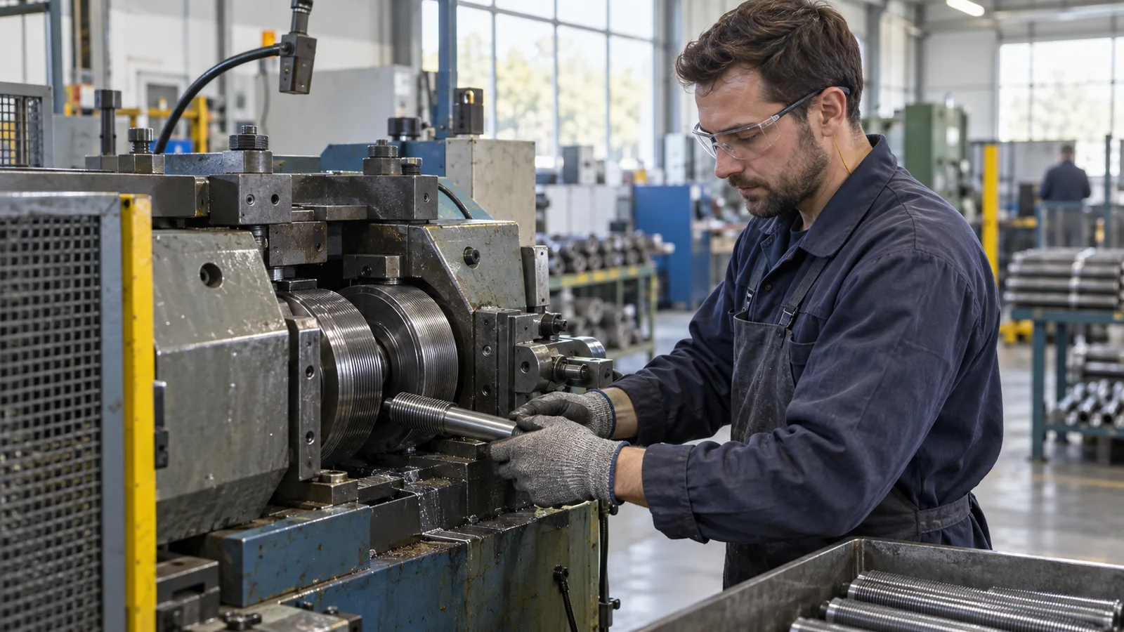 A fastener production operator rolling threads onto a high-tensile stud, bright daylight through the windows