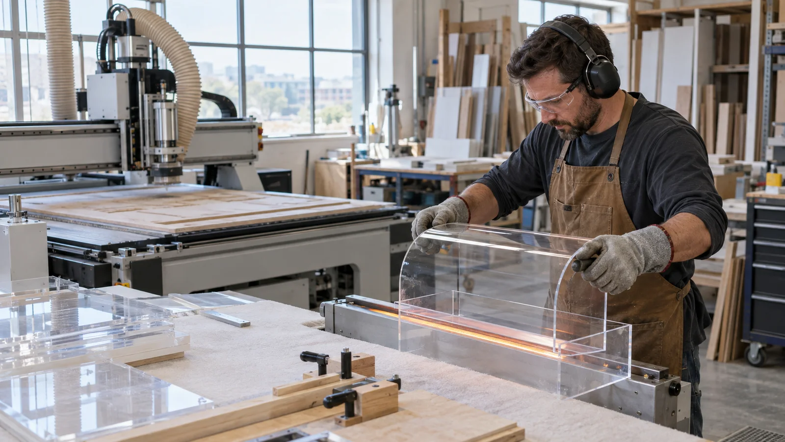 A millwork fabricator at a CNC router heat-forming an acrylic display case, bright daylight through the windows
