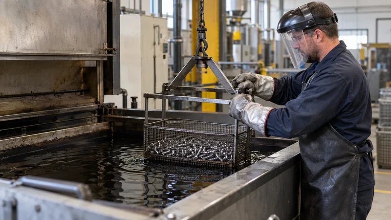 A fastener production operator quenching a basket of fasteners in an oil bath, soft even indoor light