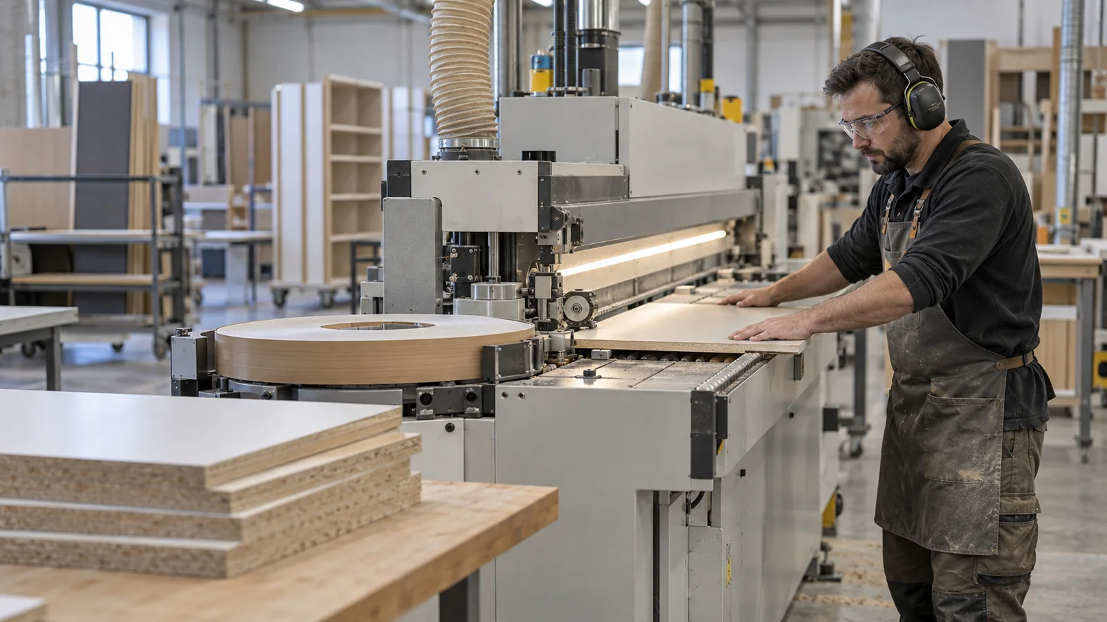 A millwork fabricator at a CNC router edge-banding a shelving panel, soft even indoor light