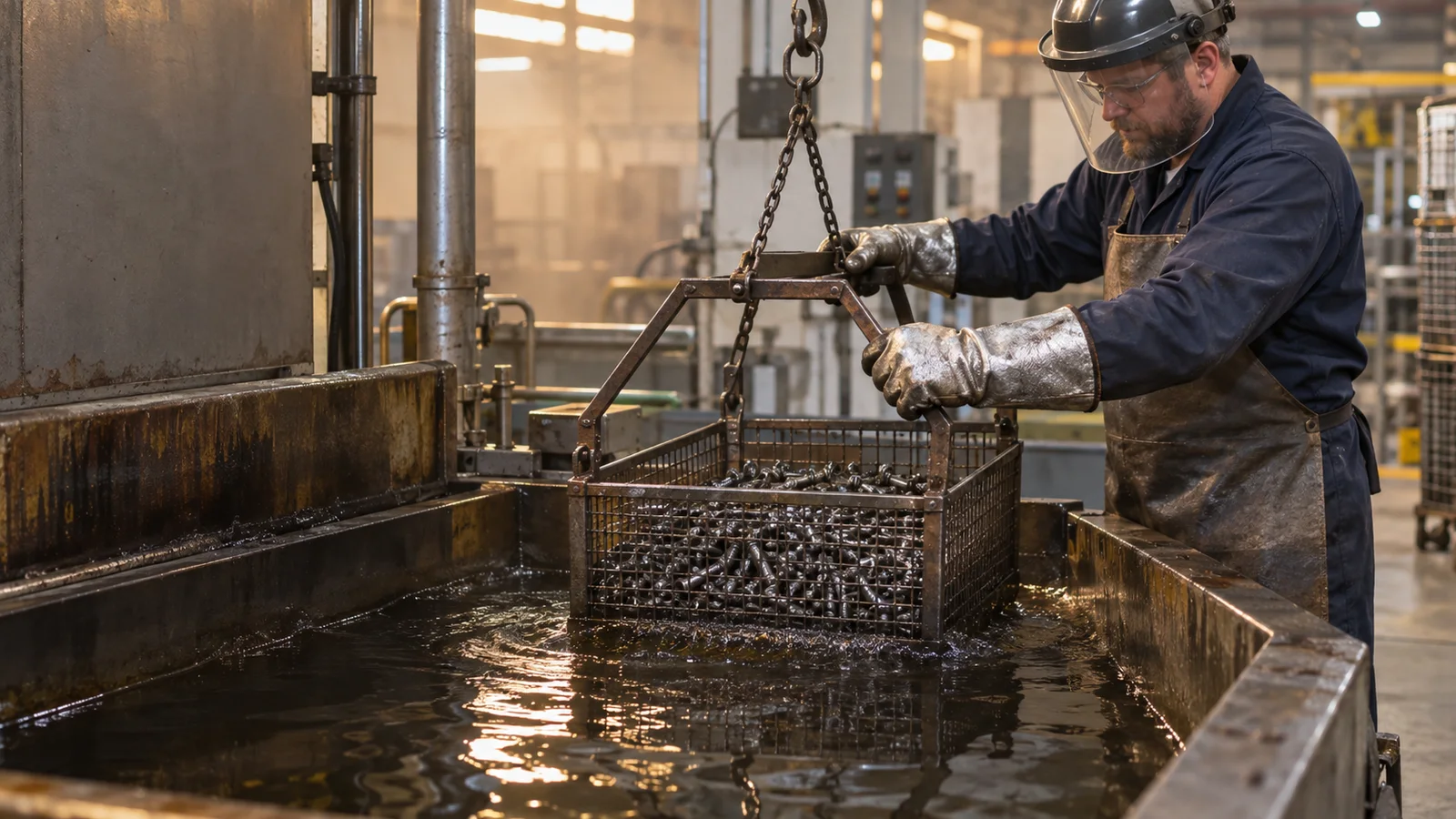 A fastener production operator quenching a basket of fasteners in an oil bath, warm interior light