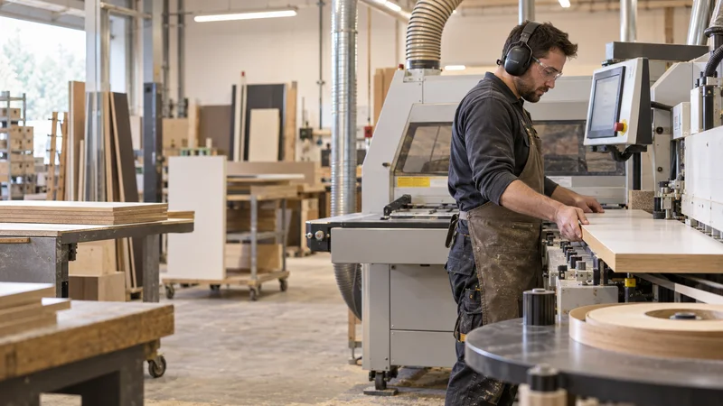 A millwork fabricator at a CNC router edge-banding a shelving panel, warm interior light