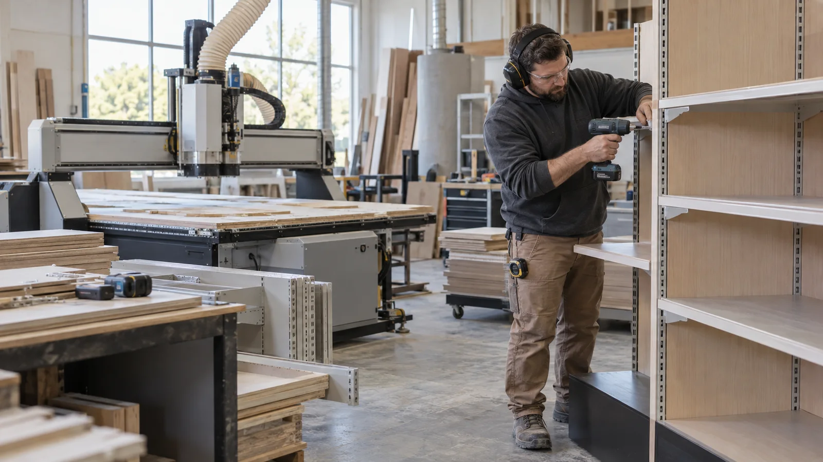 A millwork fabricator at a CNC router assembling a modular gondola shelving unit, bright daylight through the windows