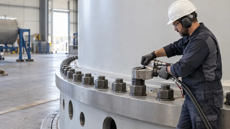 A fastener production operator torquing a wind-turbine tower-flange bolt with a hydraulic wrench, soft even indoor light