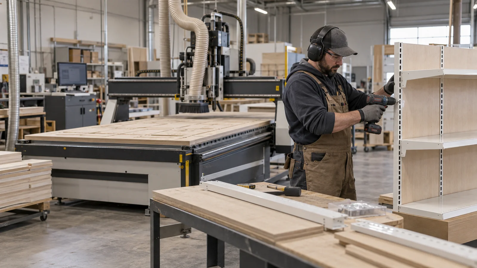 A millwork fabricator at a CNC router assembling a modular gondola shelving unit, soft even indoor light