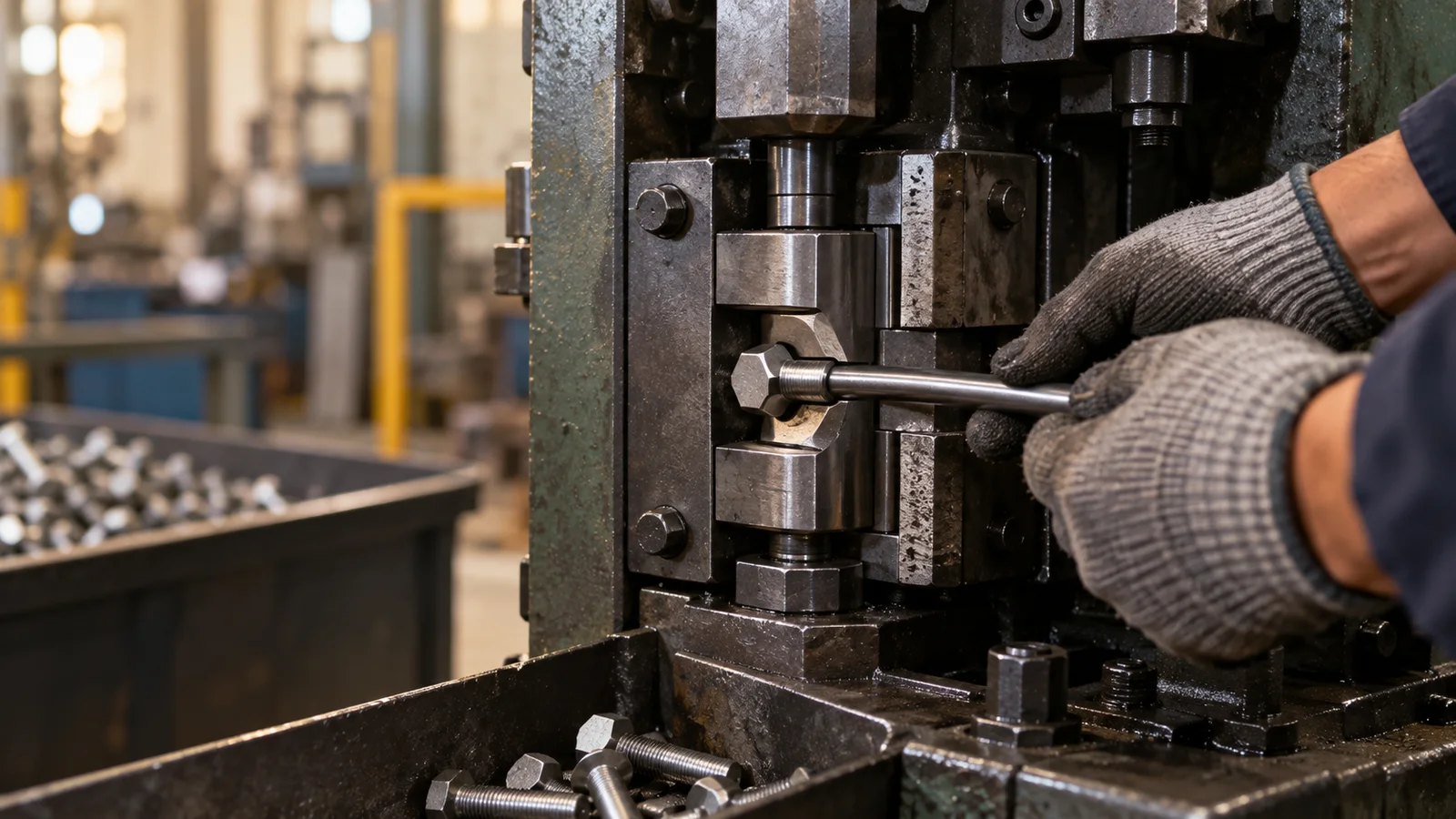 Close-up of hands cold-forging a bolt head from a length of wire rod, warm interior light, only naturally framed hands, no faces